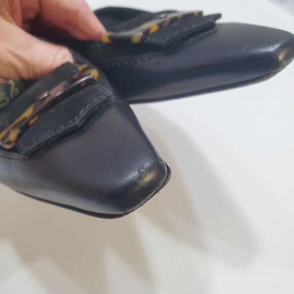 Salvatore Ferragamo Slip-On Mules Heels 7AA Black Suede Leather Tortoise Shell - Picture 3 of 15